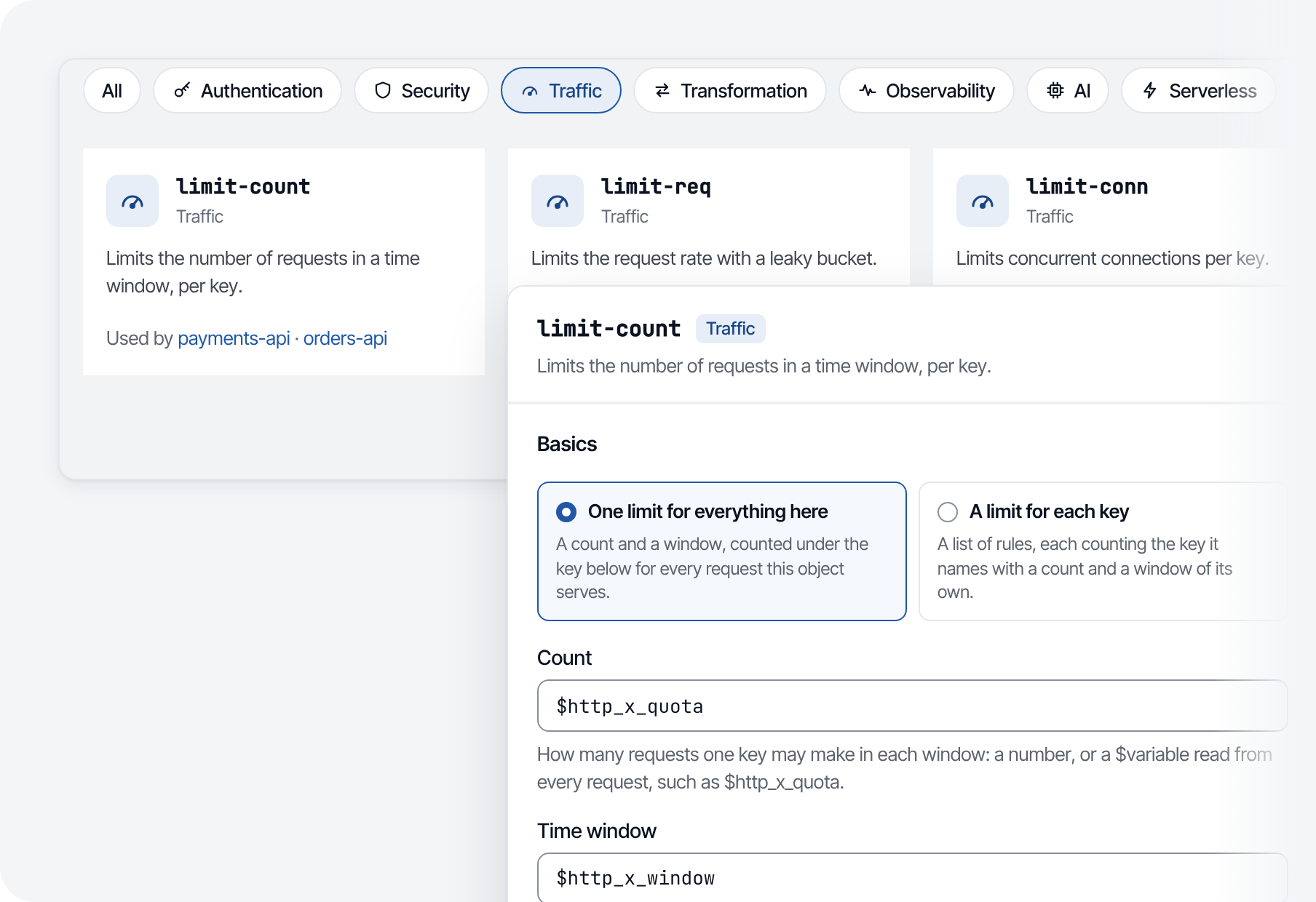A Plugin form drawn from the engine’s schema: limit-count on a Route