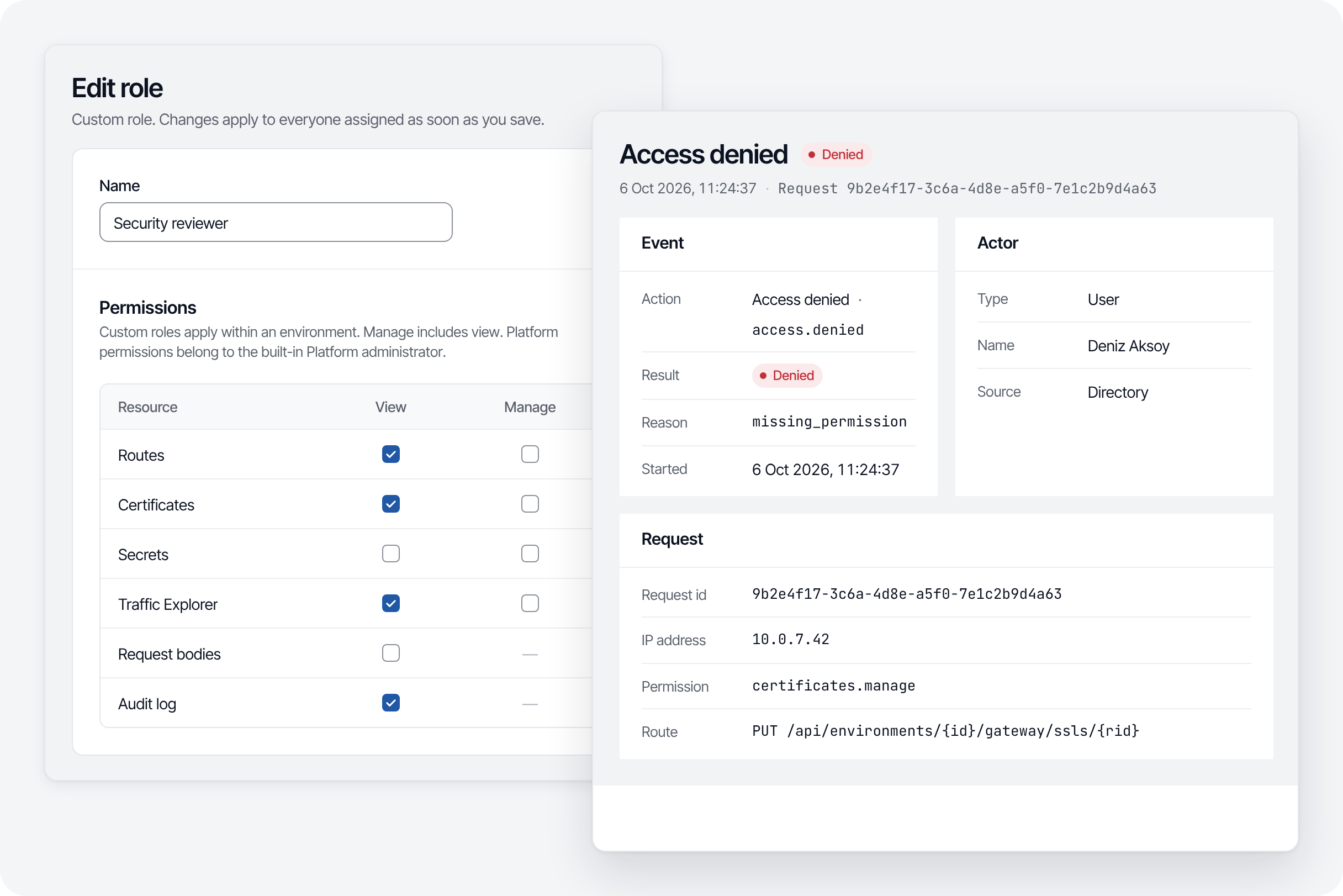 Roles: a custom role’s permission grid, and an access-denied attempt recorded in the audit log