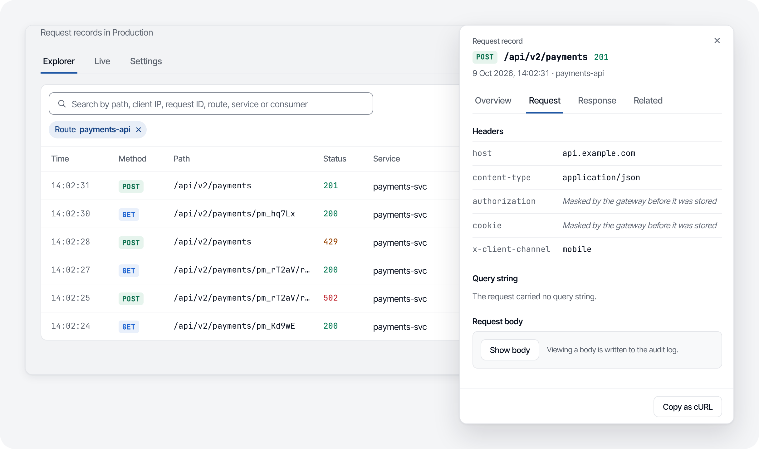 Traffic Explorer: the gateway’s own request records, filtered by Route and status
